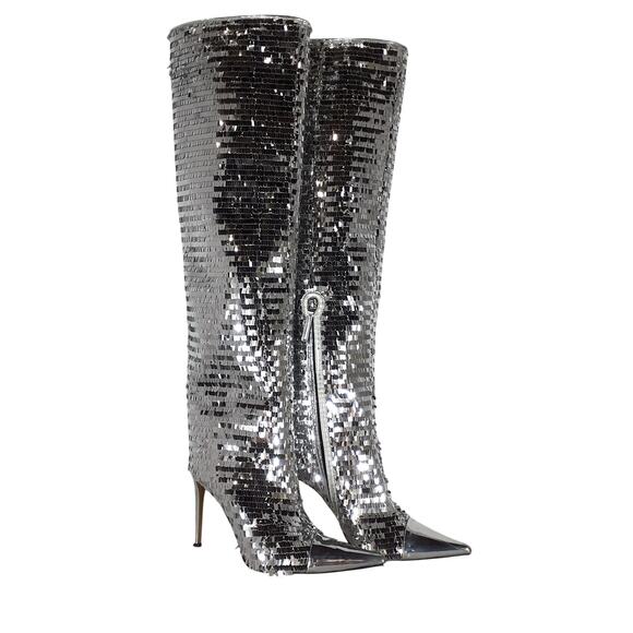 Alexandre Vauthier Sequined Silver 105 Knee High Boots Size 38.5 EU / 8.5 US - Picture 2 of 6
